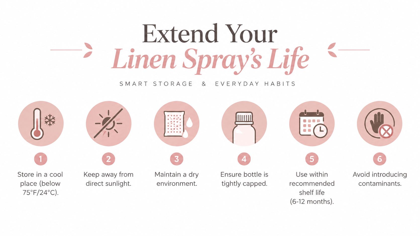 An infographic displaying six numbered tips for extending the shelf life of linen spray through proper storage.