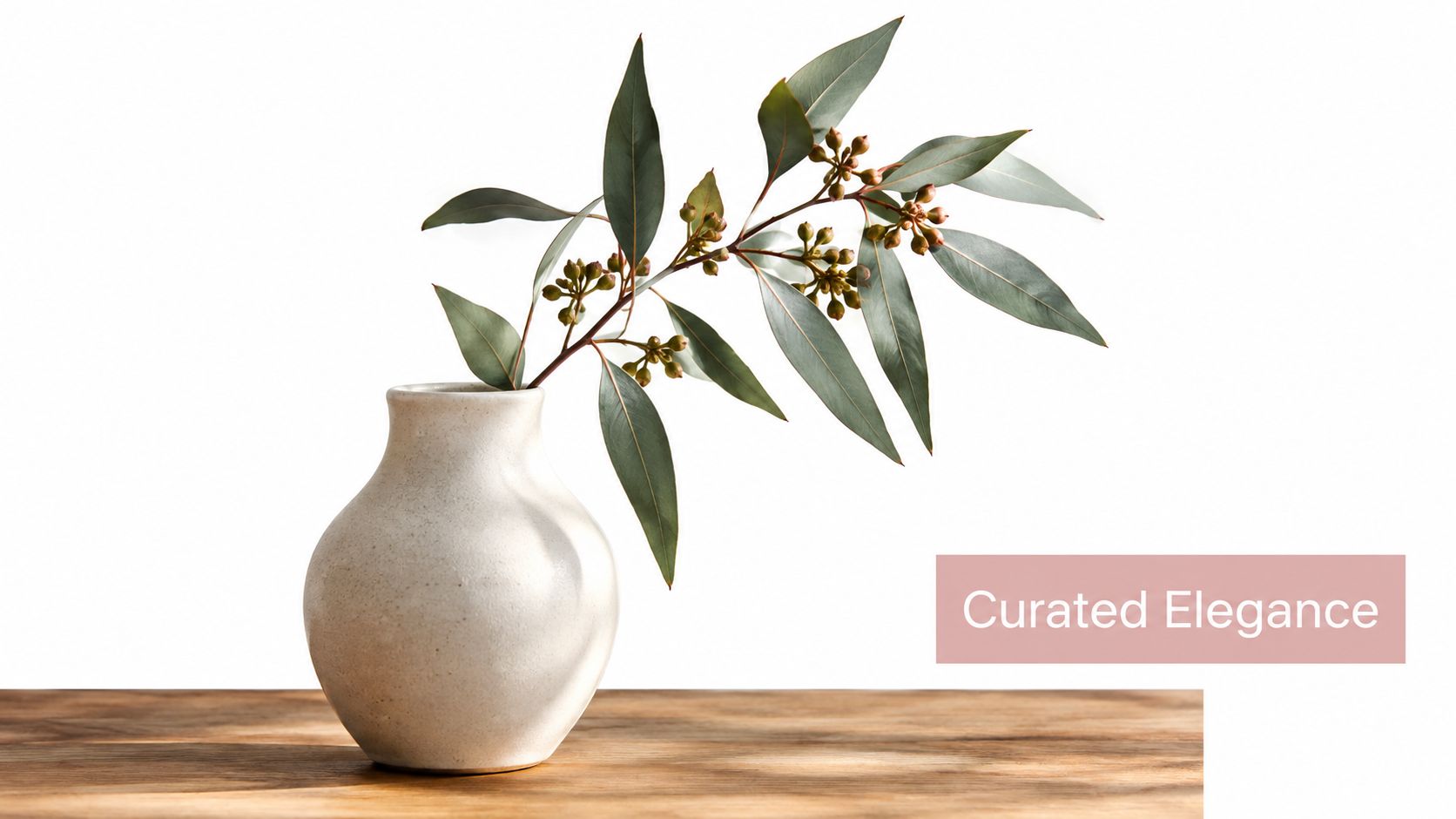 A minimalist white ceramic vase with green eucalyptus branches resting on a rustic wooden table surface.