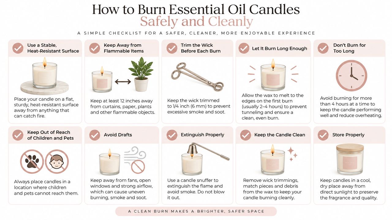 An infographic checklist showing ten essential safety tips for burning essential oil candles safely and cleanly.