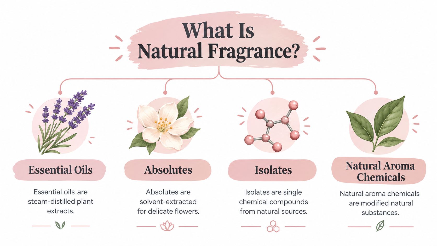 An infographic titled What Is Natural Fragrance explaining essential oils, absolutes, isolates, and natural aroma chemicals.