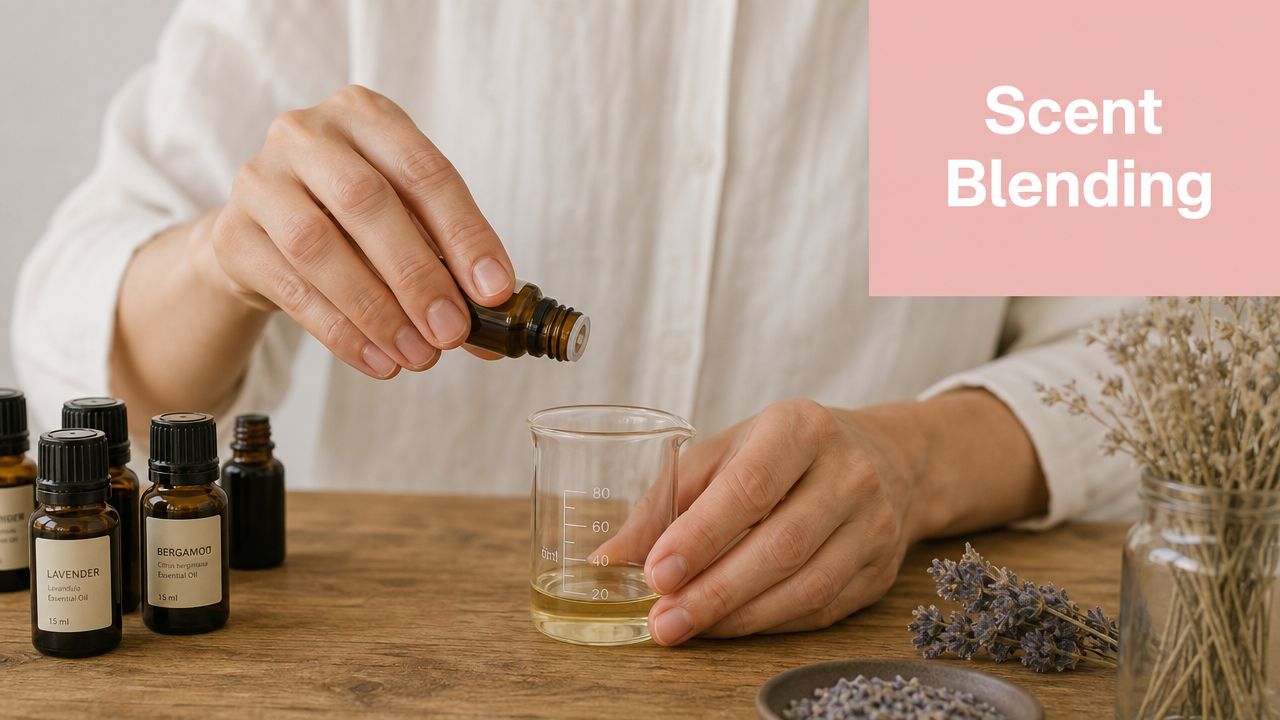 A person blending essential oils into a glass beaker on a wooden table with lavender flowers.
