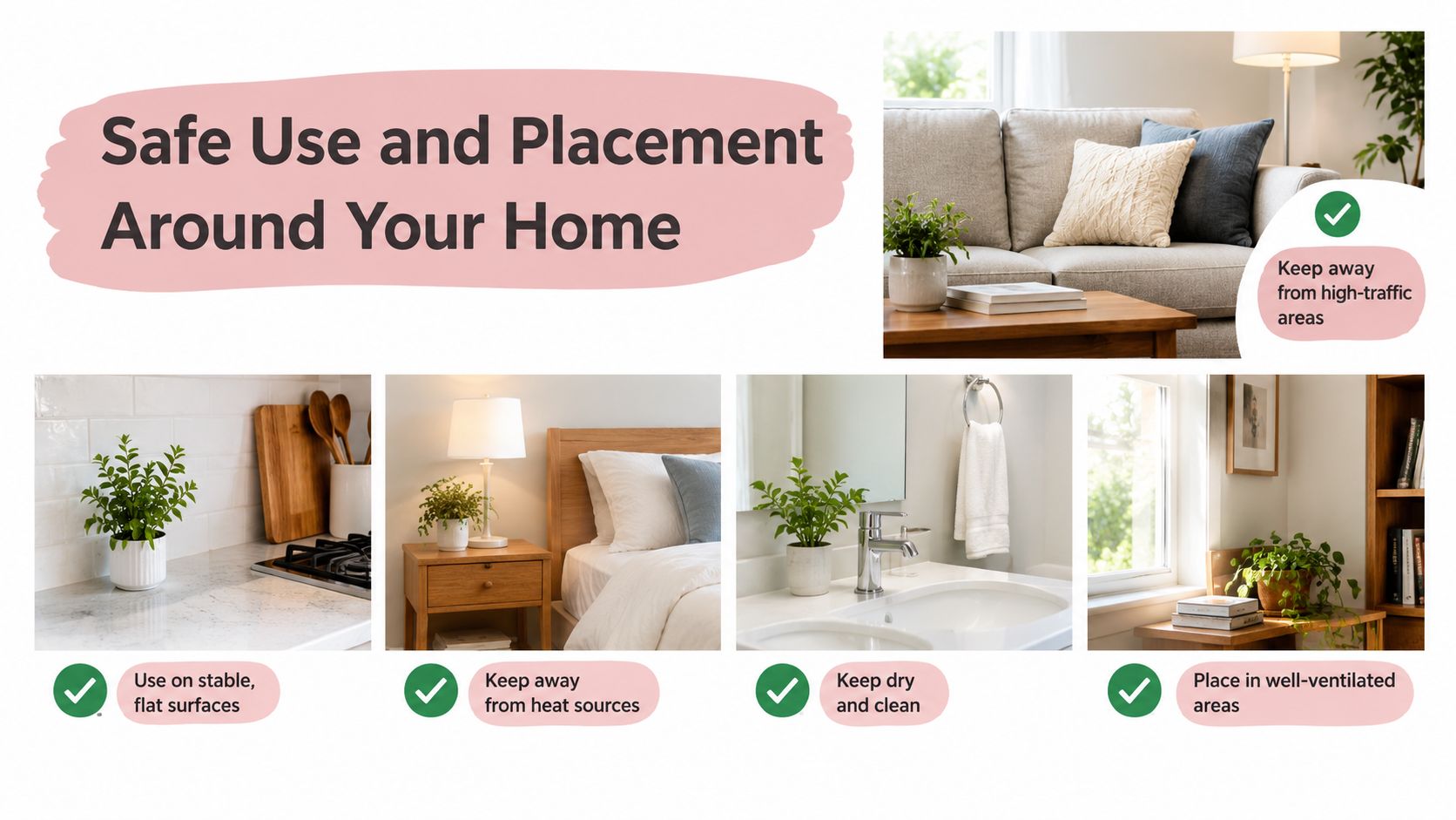 A visual guide showing safe home placement tips for using a vanilla room spray or diffuser.