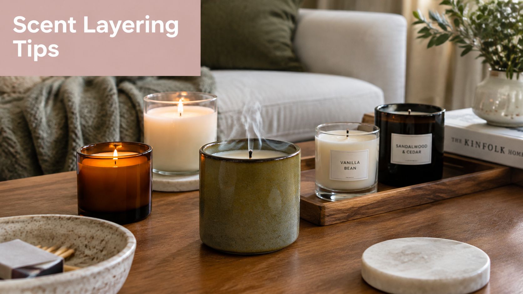 A cozy wooden coffee table features several scented candles and a small bowl, creating a relaxing atmosphere.