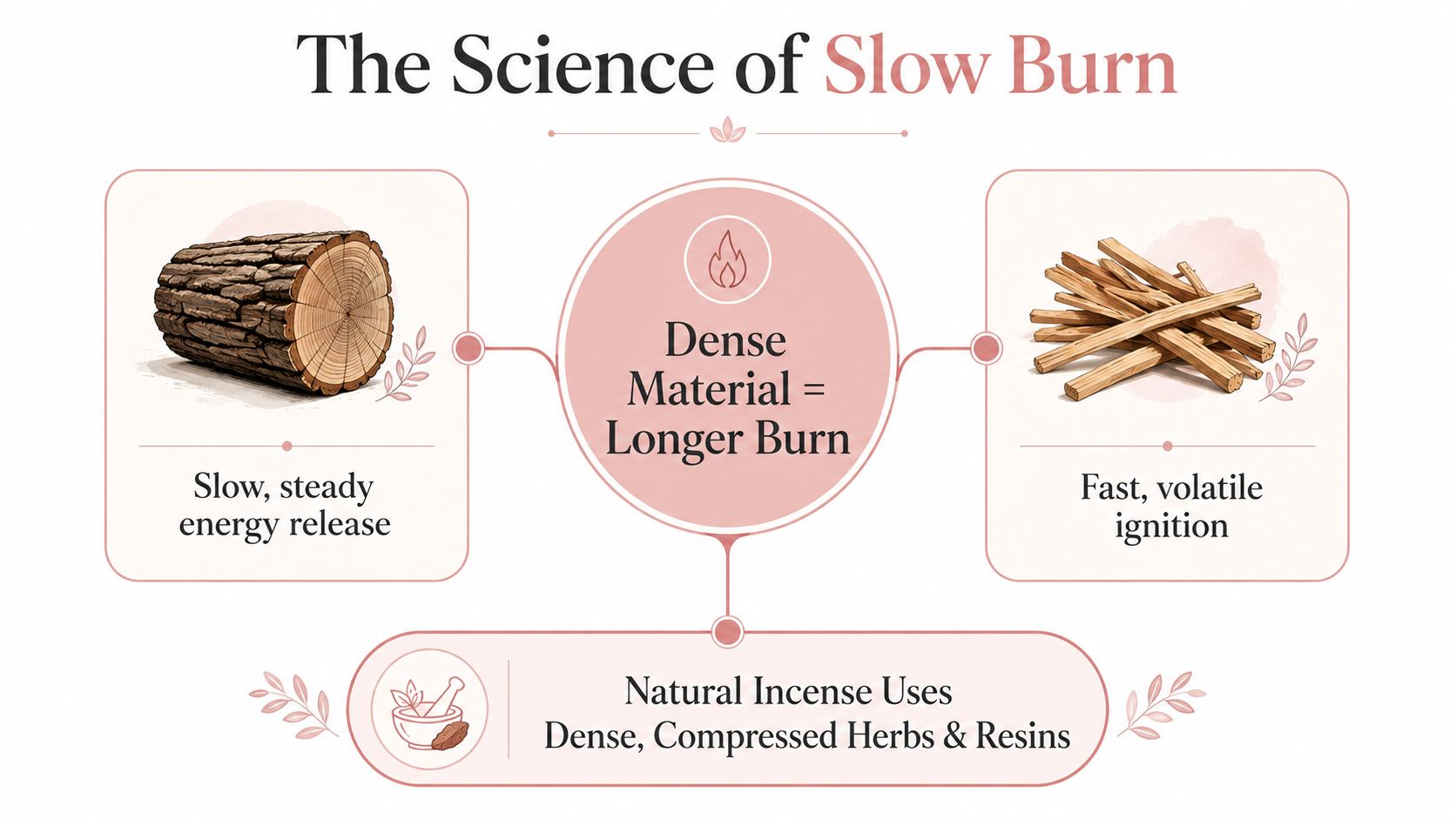 A diagram explaining that dense materials, such as wood and incense, lead to a longer burn time.