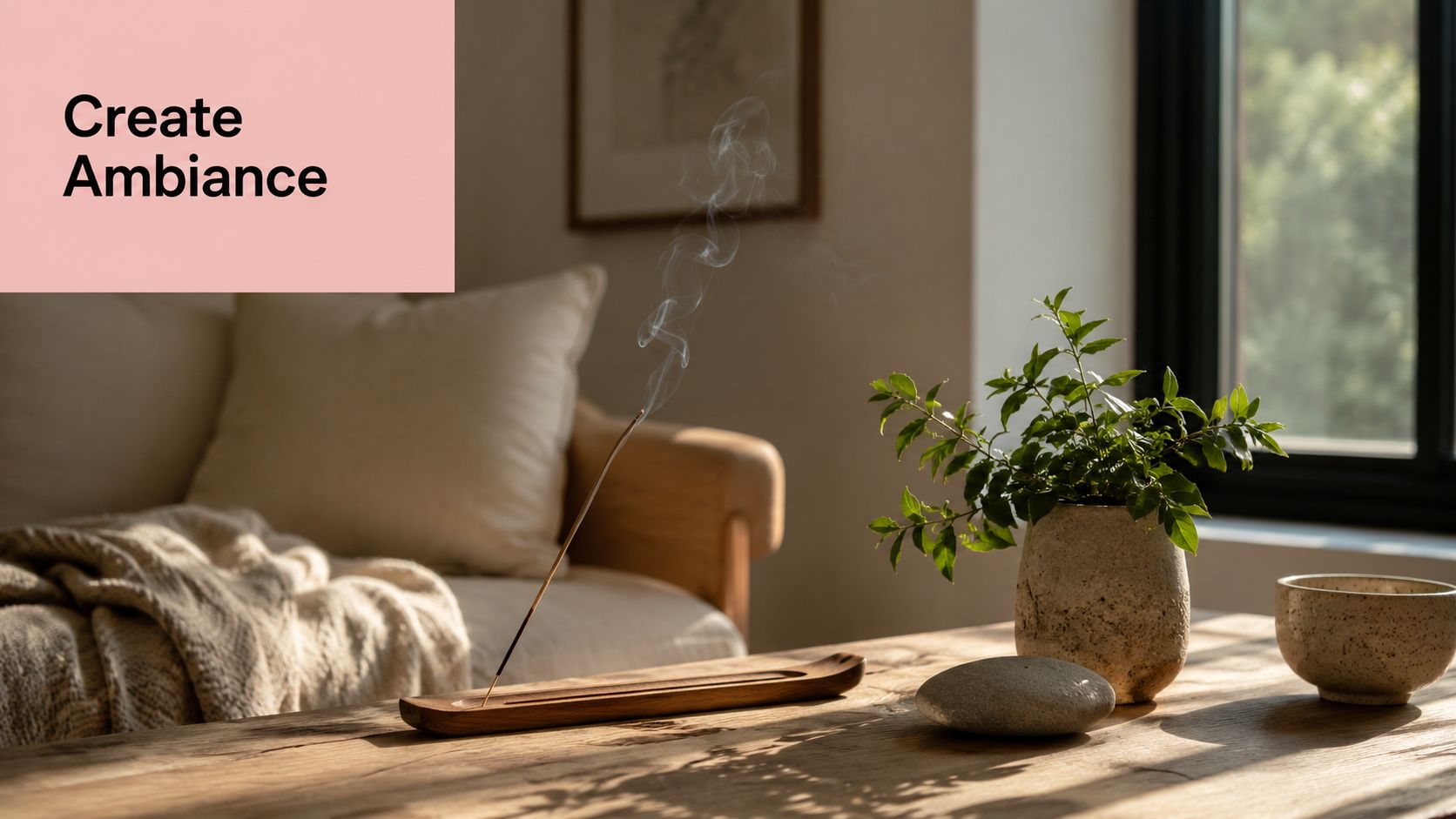 A serene living room scene featuring natural incense burning on a wooden table beside a small plant.