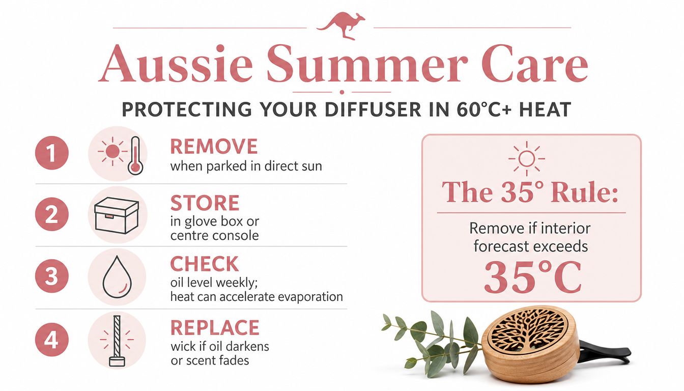 A helpful infographic titled Aussie Summer Care explaining how to protect car diffusers in hot weather.