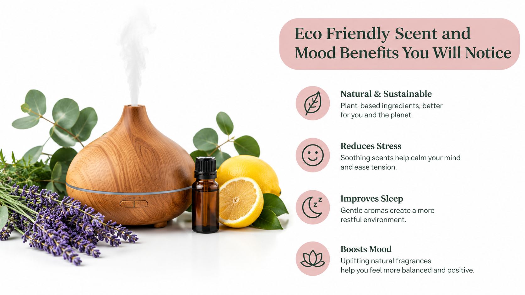 A wooden essential oil diffuser emitting mist, surrounded by lavender, eucalyptus, and lemons, highlighting aroma therapy benefits.