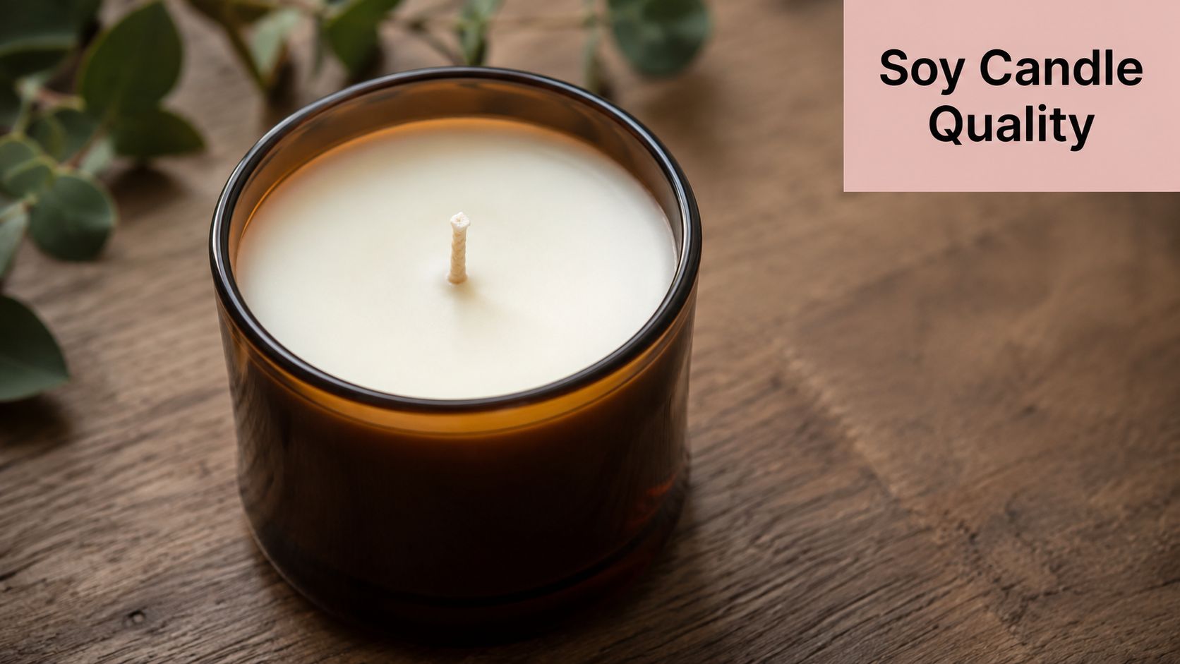A high-quality soy wax candle in an amber glass jar resting on a rustic wooden table.