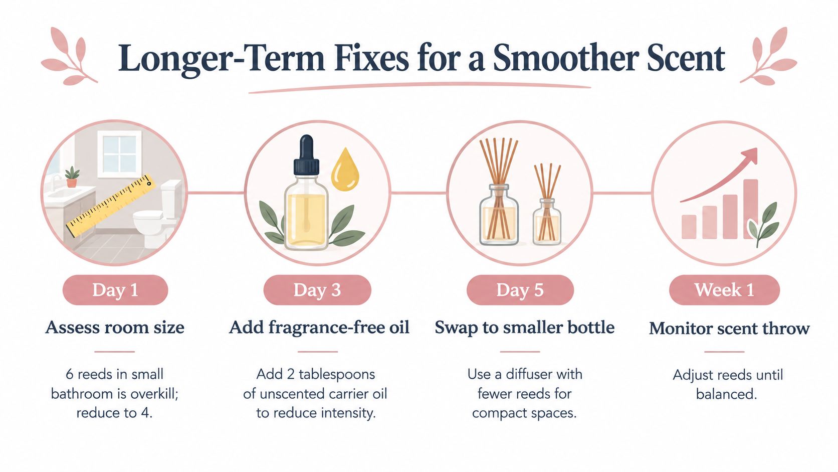 An infographic showing a step-by-step guide on how to reduce the intensity of a strong reed diffuser.