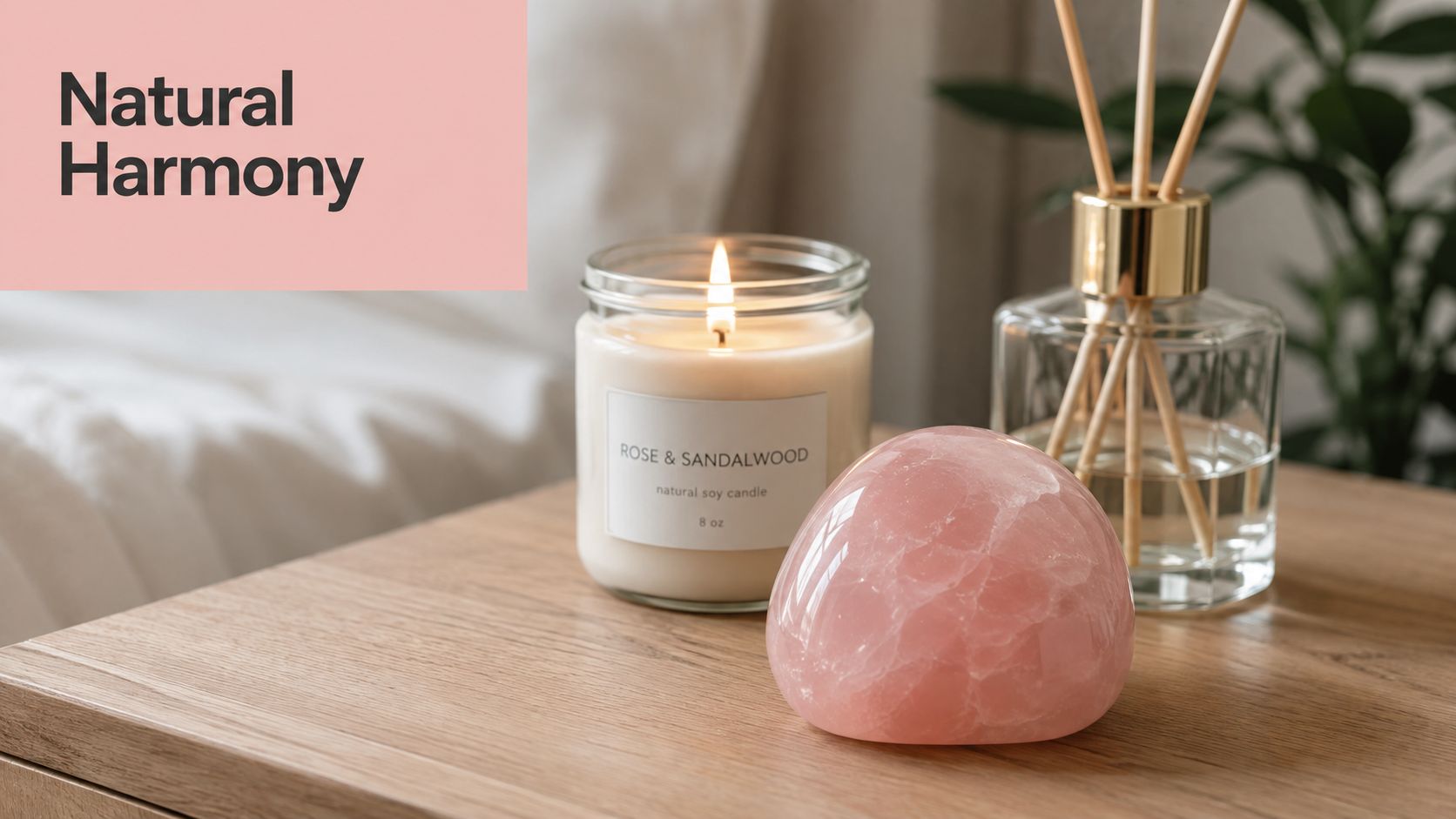 A lit Rose and Sandalwood soy candle sitting next to a smooth pink rose quartz crystal on a table.
