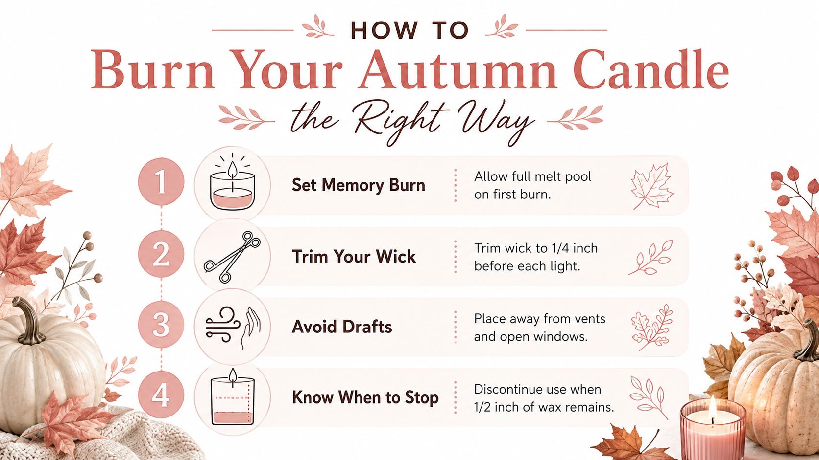 An infographic titled How to Burn Your Autumn Candle showing four steps for proper candle maintenance.