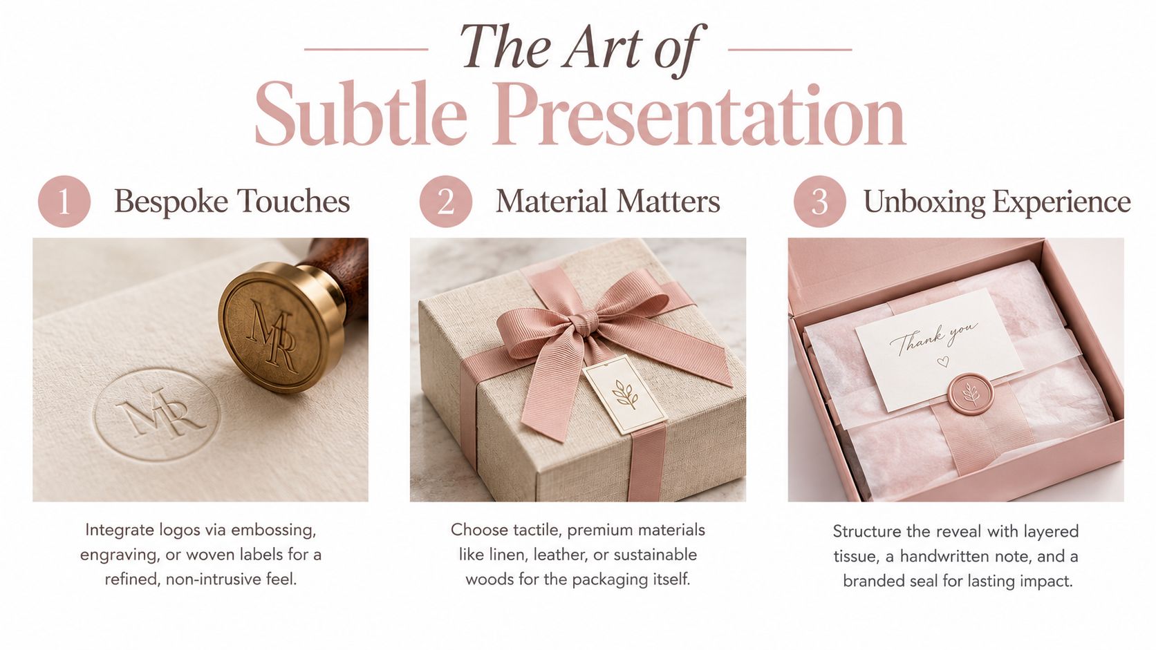 A professional guide to the art of subtle presentation featuring bespoke touches, premium packaging materials, and unboxing experiences.