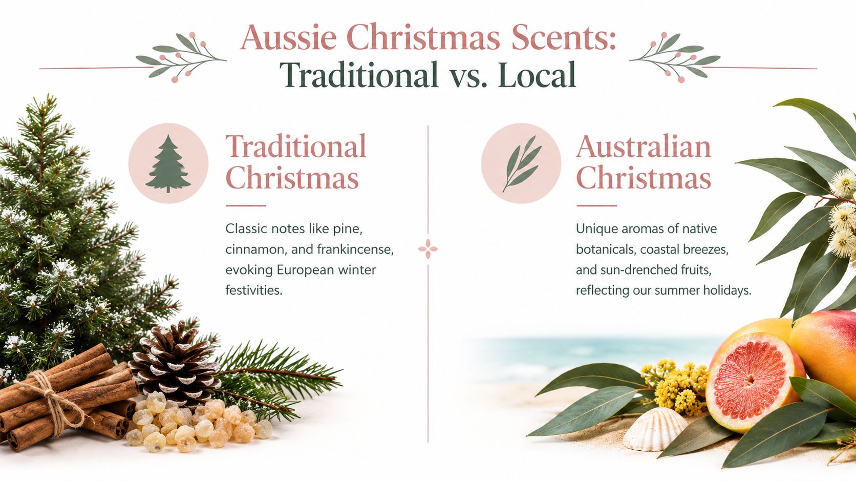 Infographic comparing traditional winter Christmas scents like pine and cinnamon with Australian summer holiday botanical aromas.