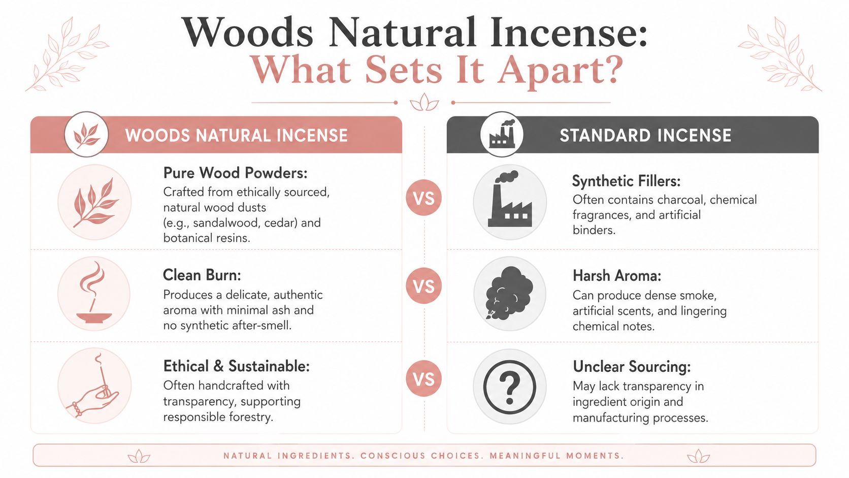 A comparison infographic between Woods Natural Incense and standard incense highlighting ingredients, burn quality, and sourcing.
