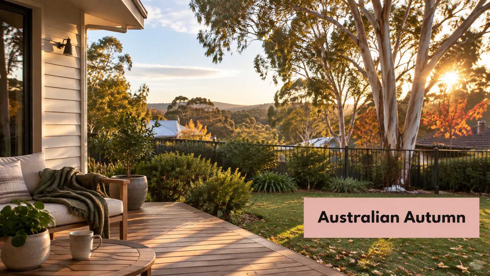 A cozy wooden deck with outdoor seating, a blanket, and a mug overlooking a sunlit Australian landscape.