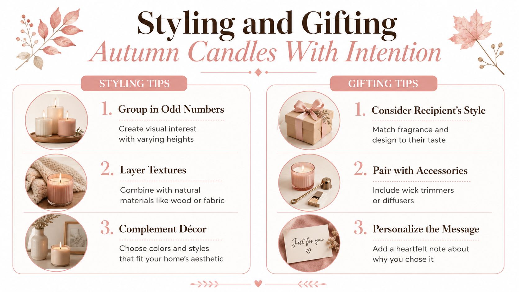 A helpful infographic featuring styling and gifting tips for using autumn candles to decorate your home.