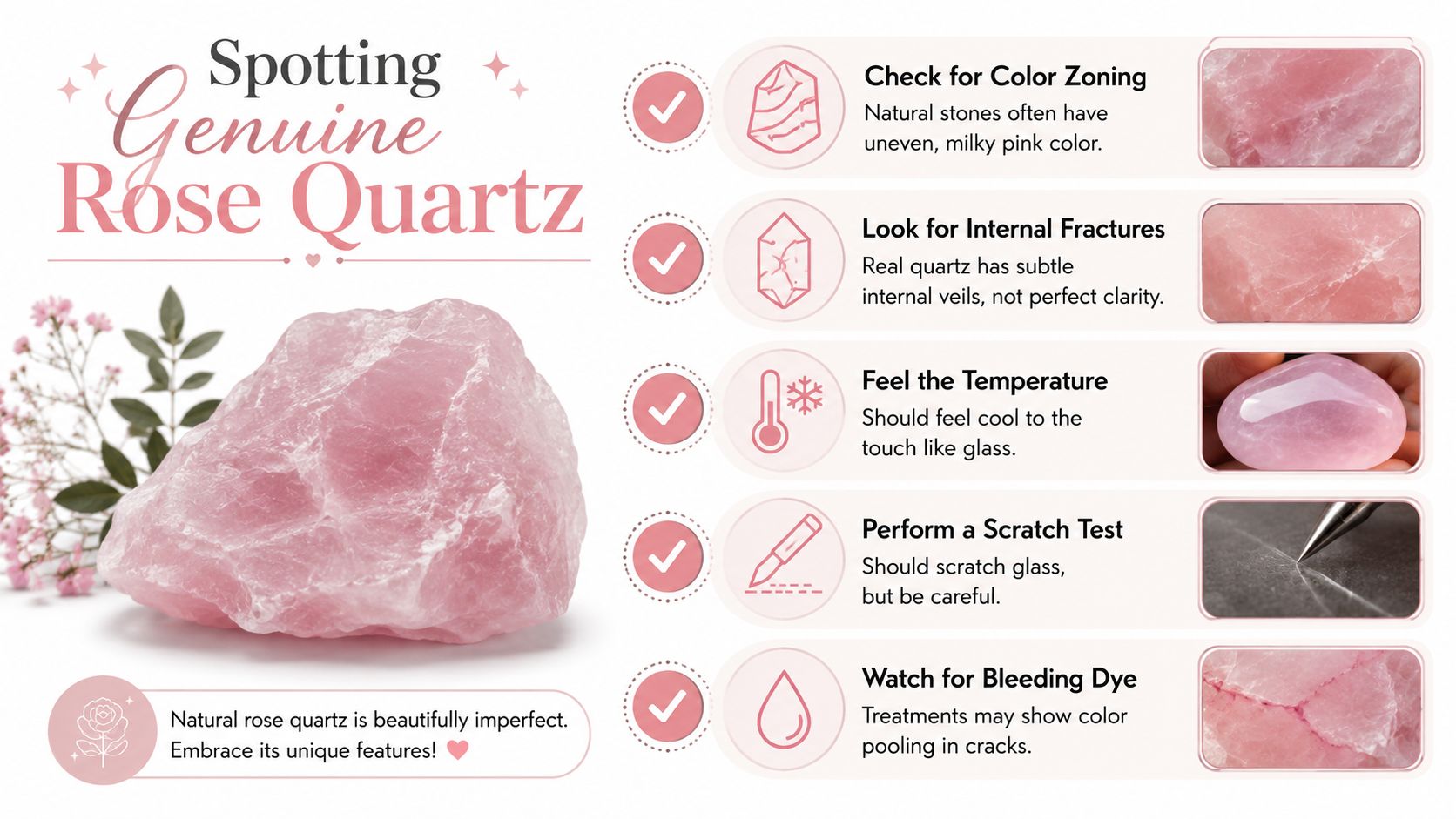 An infographic detailing five effective methods to identify and spot genuine rose quartz crystals.