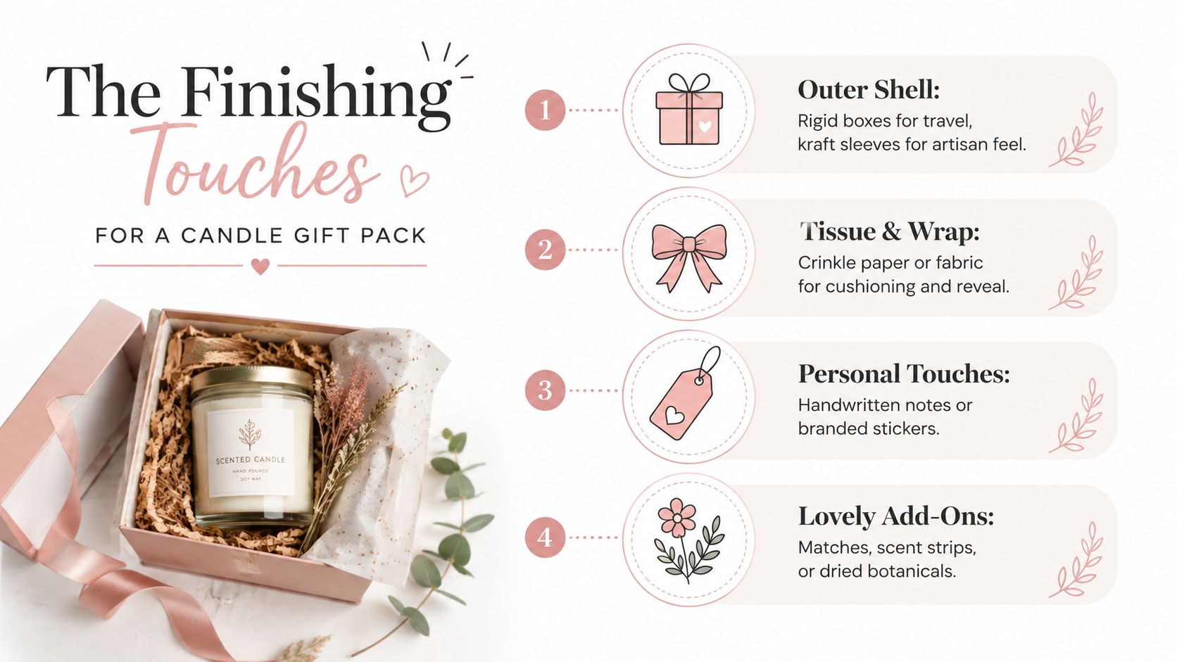 A guide on the finishing touches for a candle gift pack, including outer shells, wrapping, and personalized add-ons.
