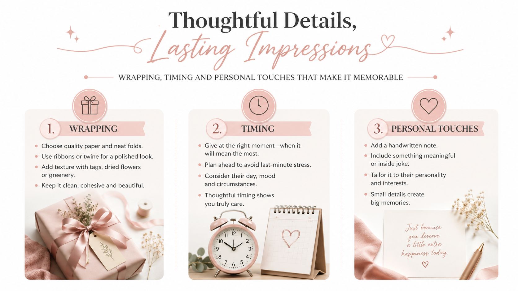 A helpful infographic titled Thoughtful Details, Lasting Impressions with tips on gift wrapping, timing, and personal touches.