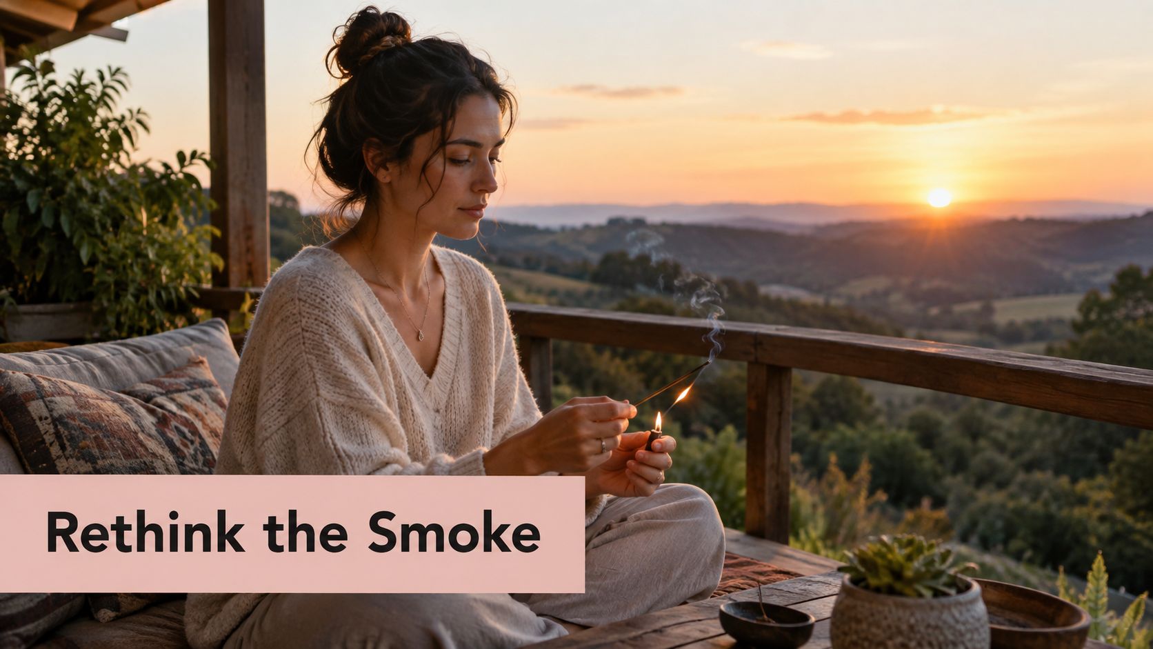 A peaceful woman lighting incense sticks on a wooden balcony during a beautiful golden sunset outdoors.