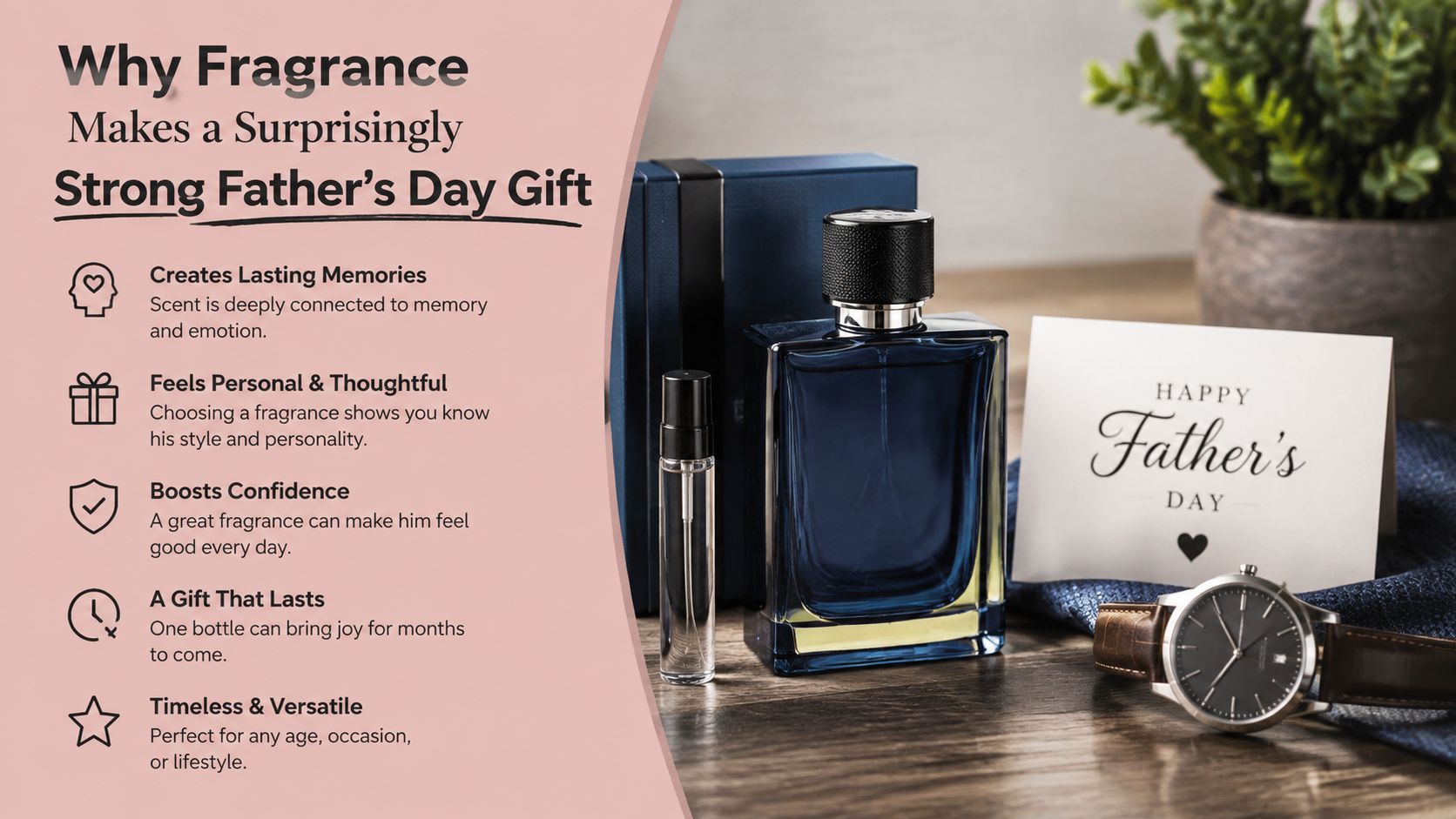 A sophisticated Father's Day gift set including a fragrance bottle, a watch, and a greeting card on a table.