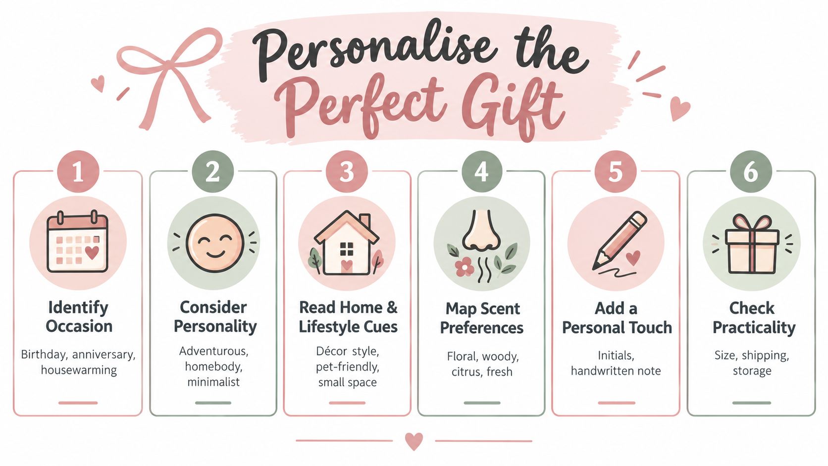 A six-step guide infographic titled Personalise the Perfect Gift, helping people choose thoughtful presents for loved ones.