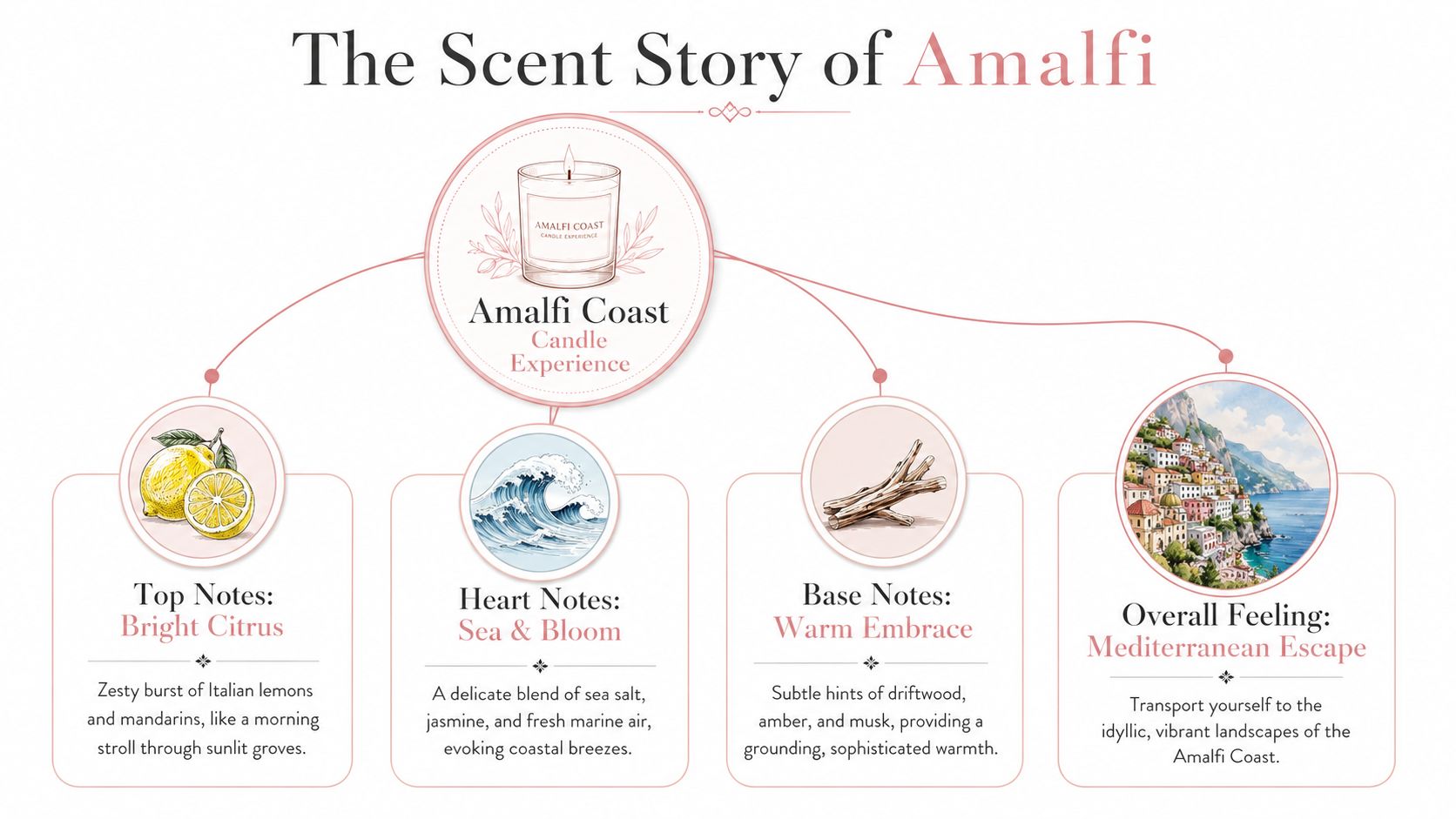 An infographic detailing the scent profile of an Amalfi Coast candle, featuring citrus, sea salt, and driftwood notes.