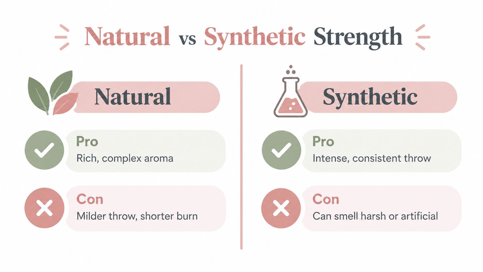 A comparison chart showing the pros and cons of natural versus synthetic incense fragrance strength.
