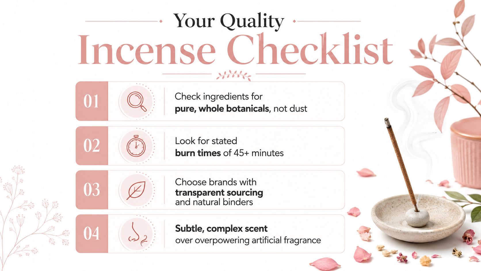 An infographic titled Your Quality Incense Checklist providing four tips for selecting high-quality, natural incense sticks.