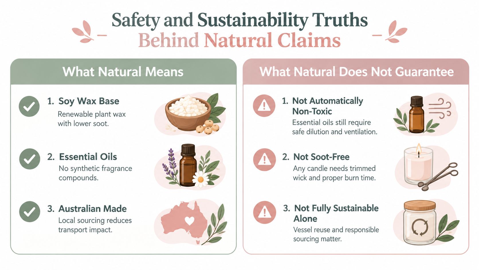 An infographic comparing what natural means for candles versus what natural does not guarantee for safety.