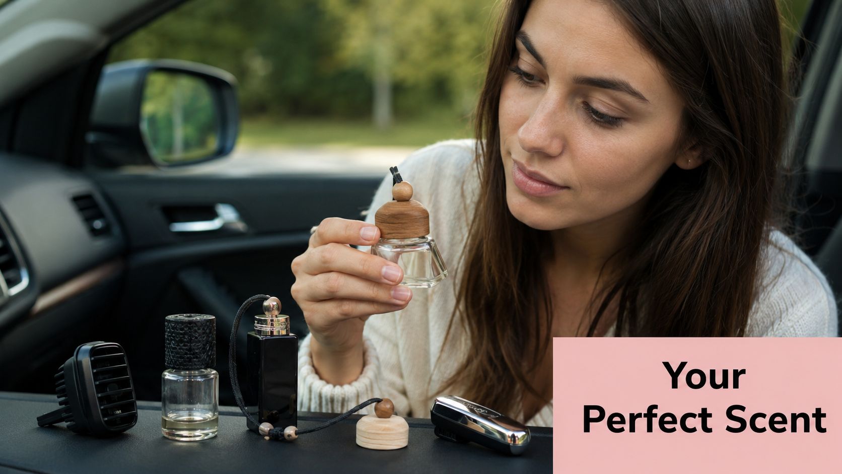 A young woman sitting in a car interior carefully holding a small wooden car air freshener bottle.