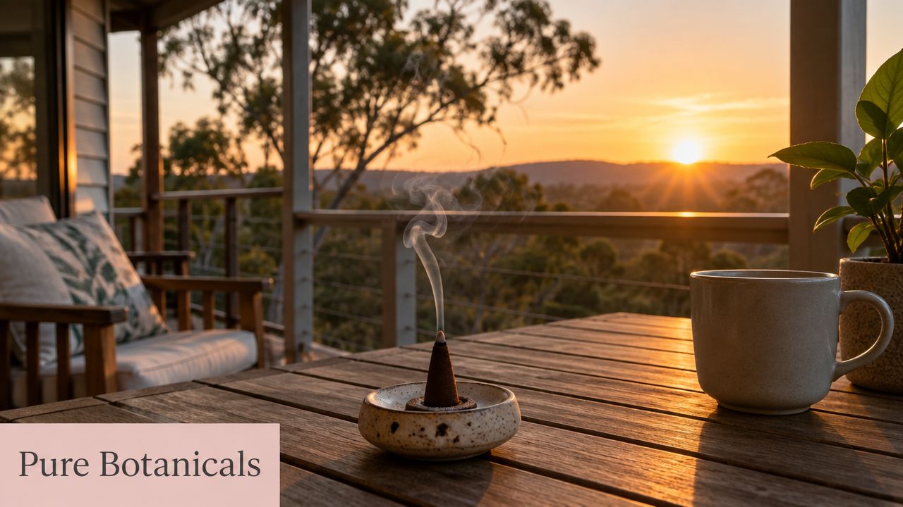 A steaming incense cone on a wooden table at sunset on a balcony overlooking the forest.