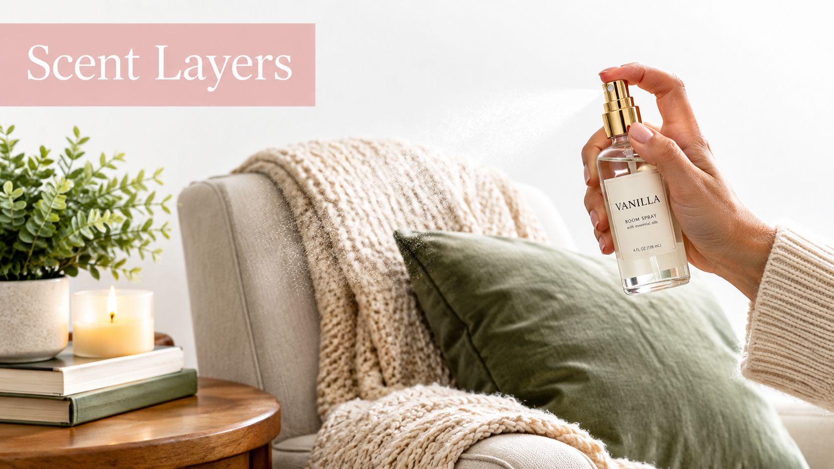 A hand sprays vanilla room spray near a cozy chair with a candle and plants nearby.