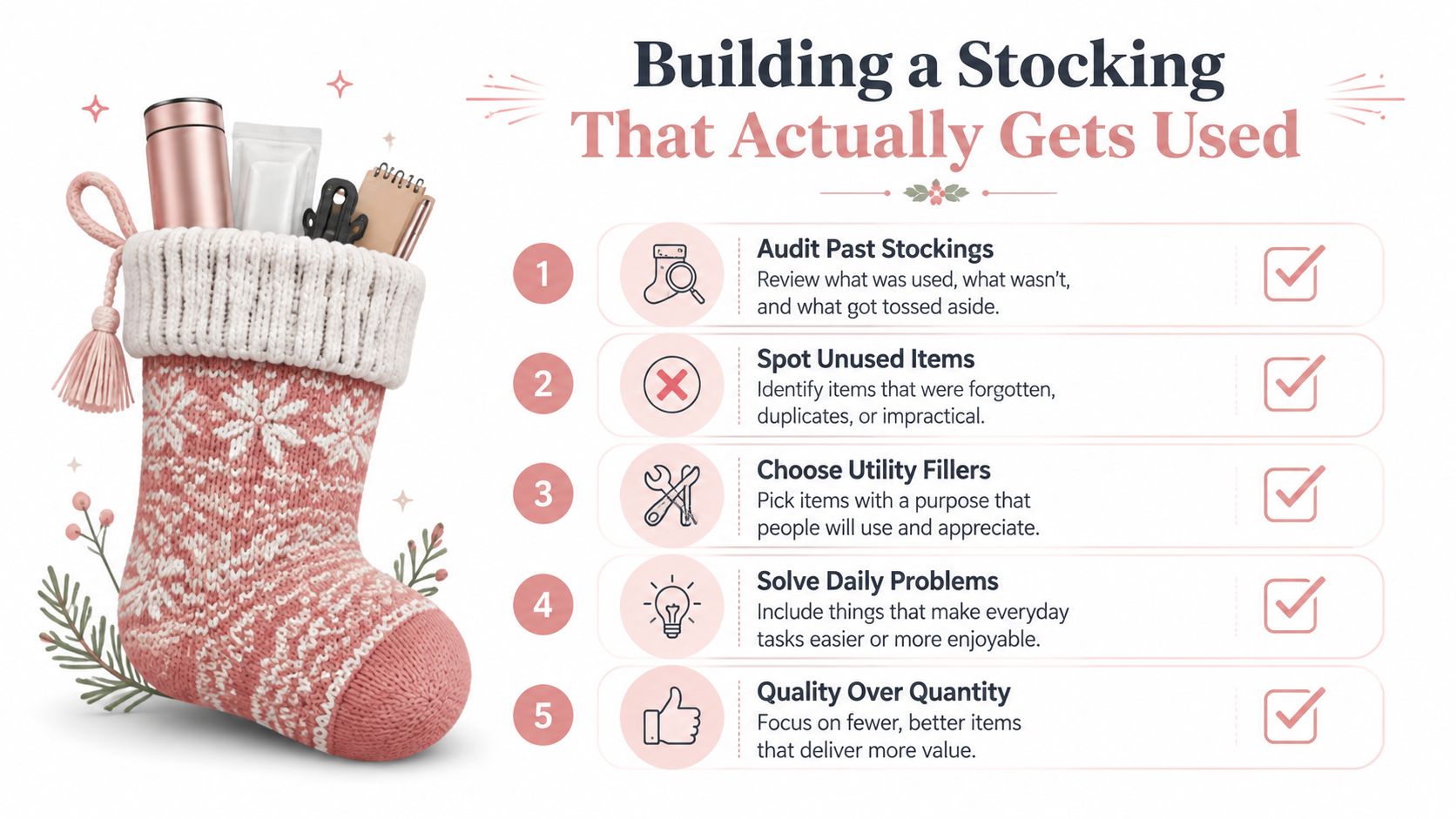 An infographic on building useful stocking stuffers with a five-step checklist and a decorative pink Christmas stocking.