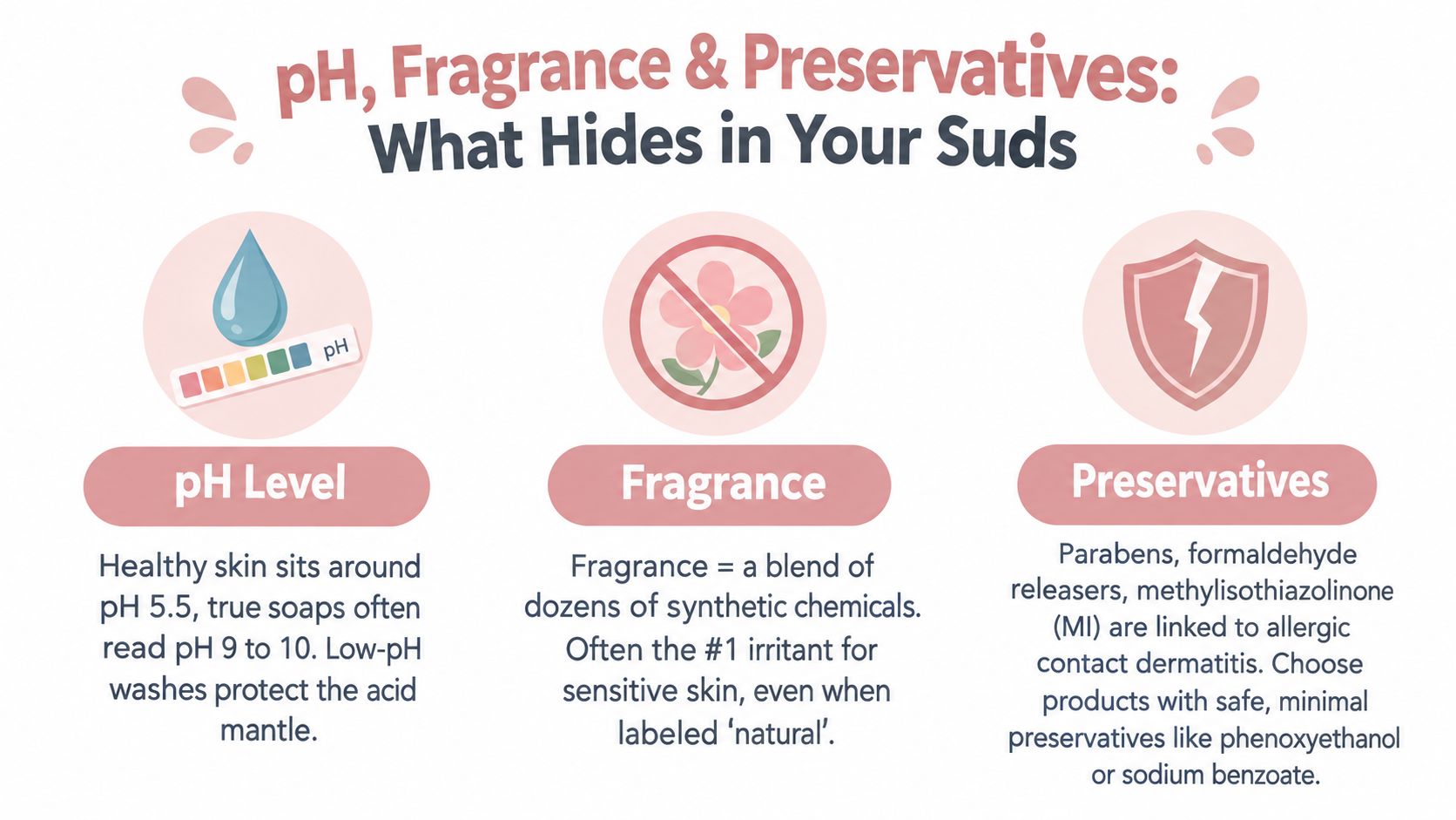 An infographic detailing the impact of pH levels, fragrances, and preservatives on sensitive skin health.