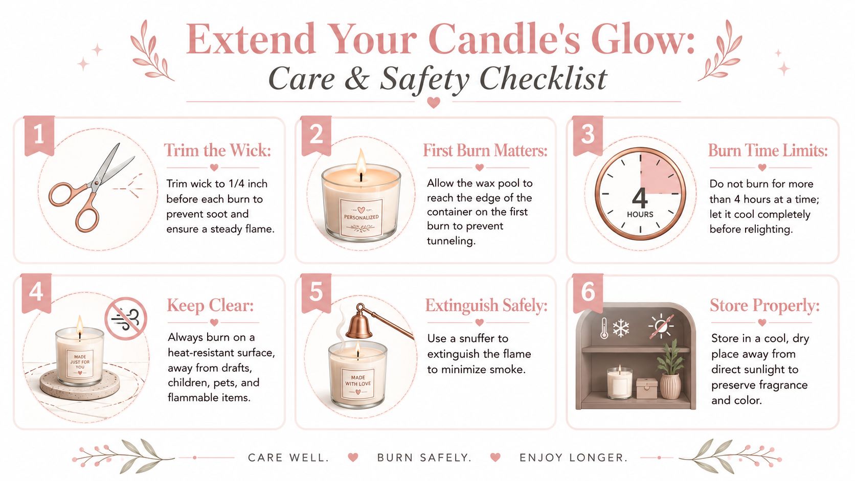 An infographic titled Extend Your Candle's Glow with six numbered steps for proper candle care and safety.
