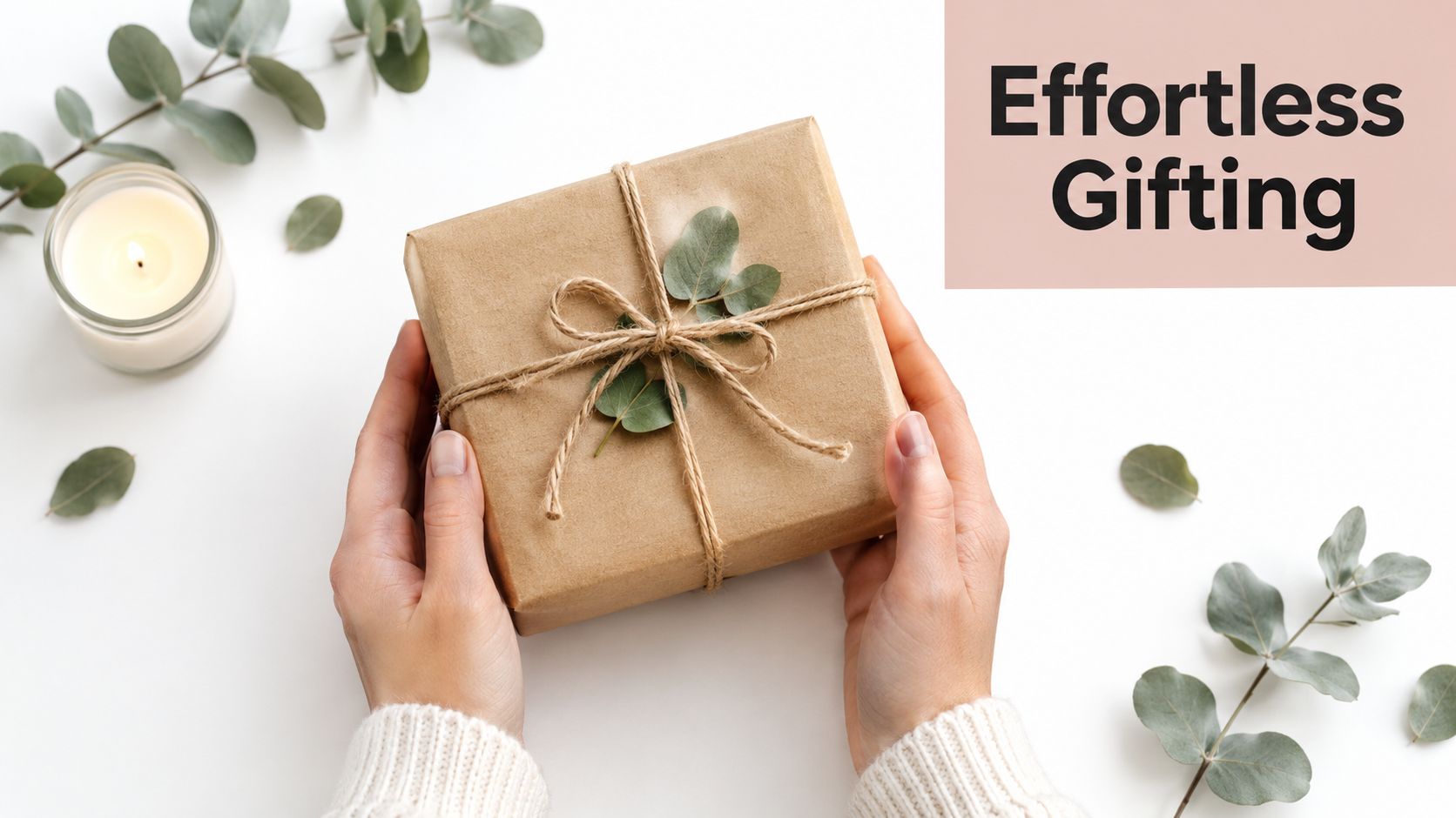 A person holding a gift wrapped in brown paper with twine and eucalyptus, near a candle.