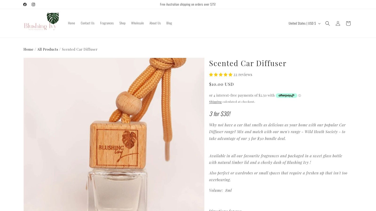 Screenshot from https://blushing-ivy-home-fragrance.myshopify.com/products/scented-car-diffuser