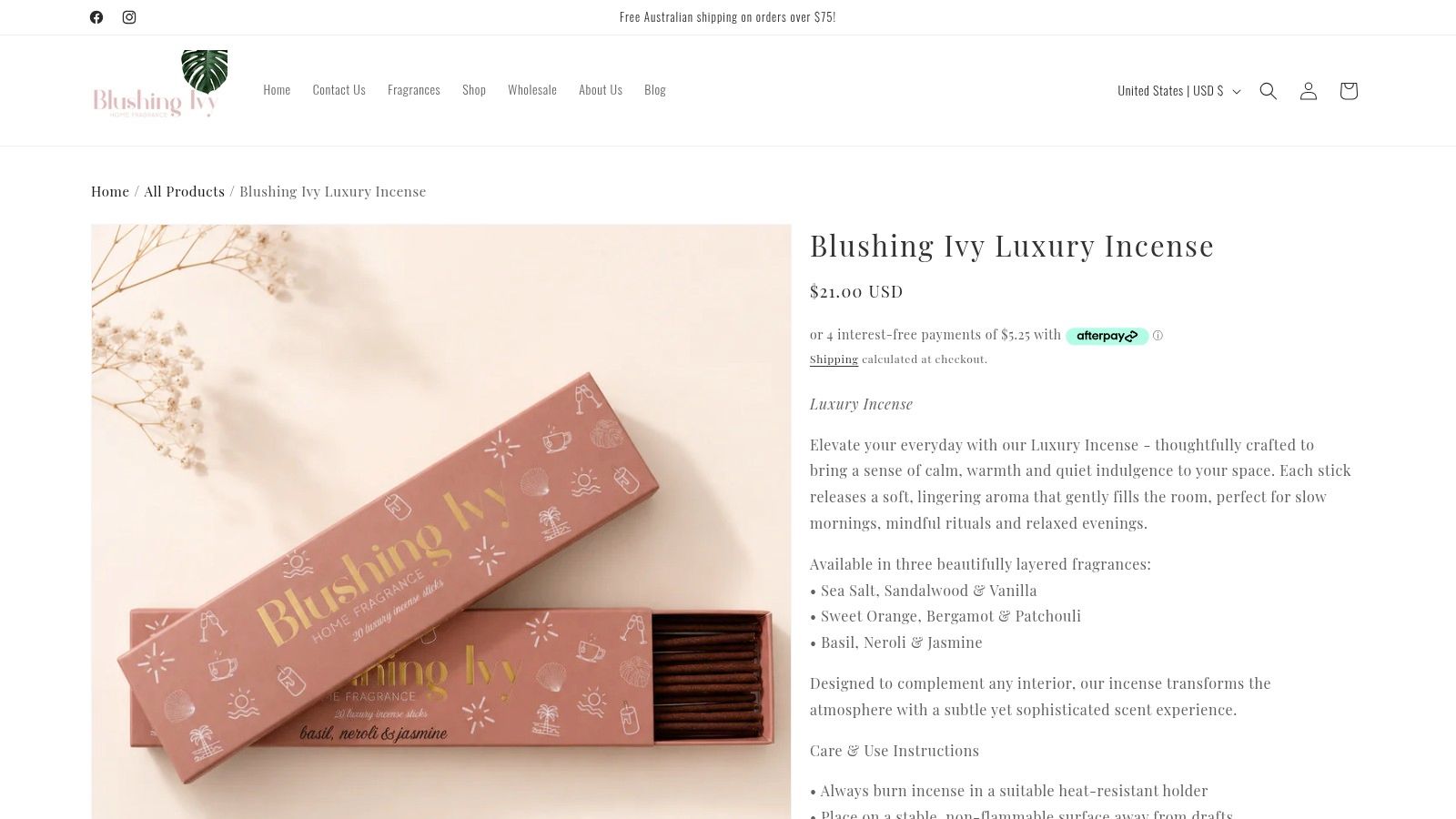 A luxury incense box by Blushing Ivy, featuring 20 sticks, presented with elegant floral decorations on a soft background.