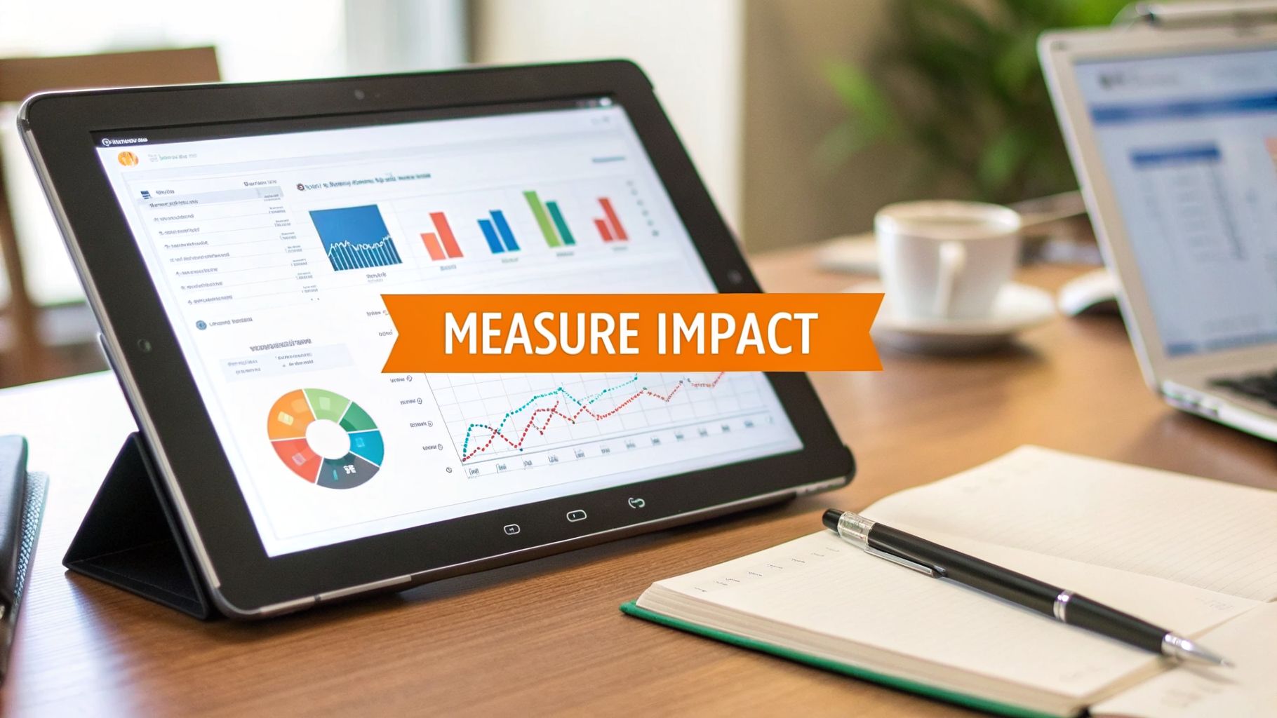 A tablet displaying data analytics charts and graphs with 'MEASURE IMPACT' banner on a business desk.