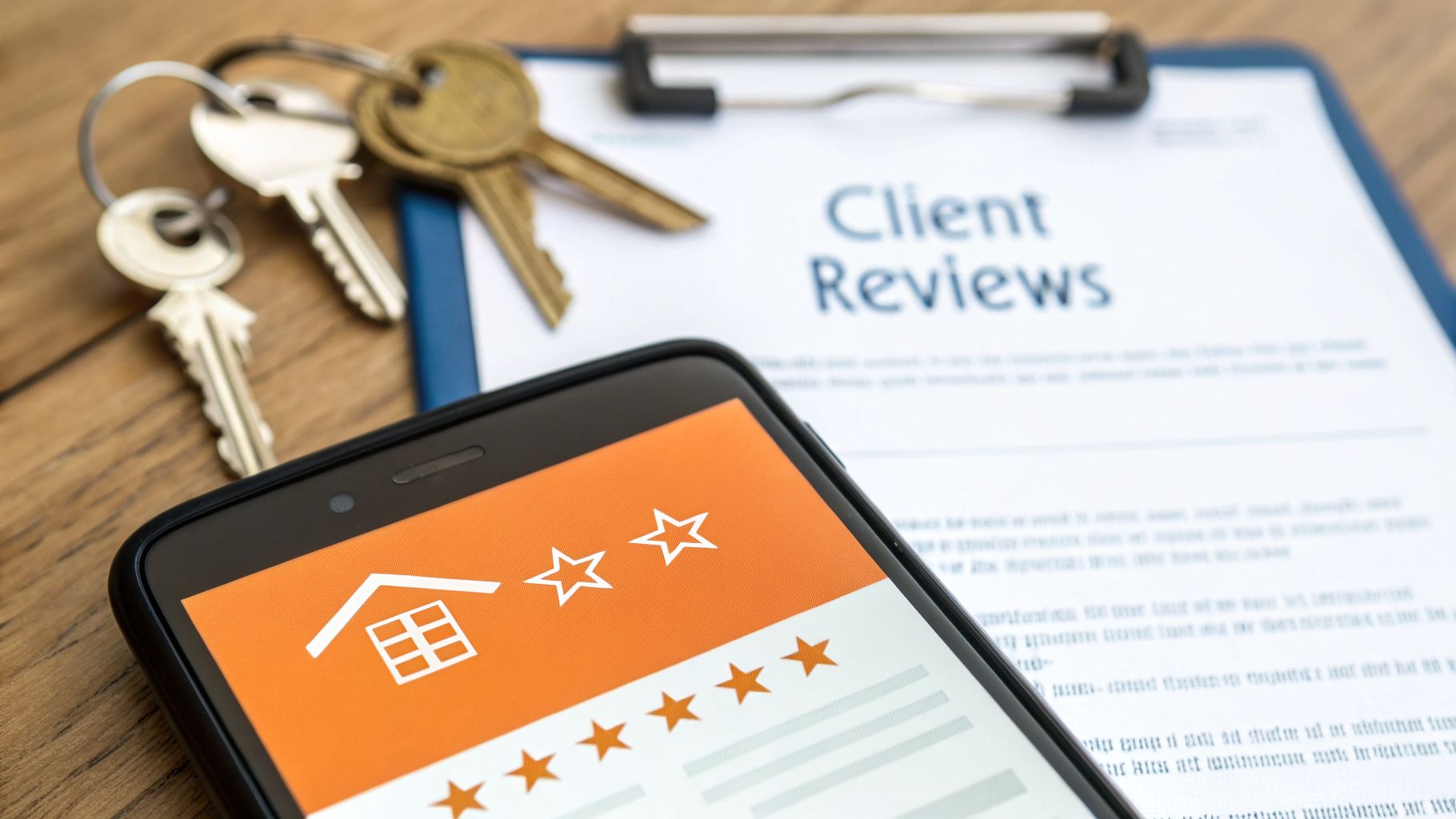 Smartphone showing a real estate app with star ratings, client reviews on a clipboard, and house keys.