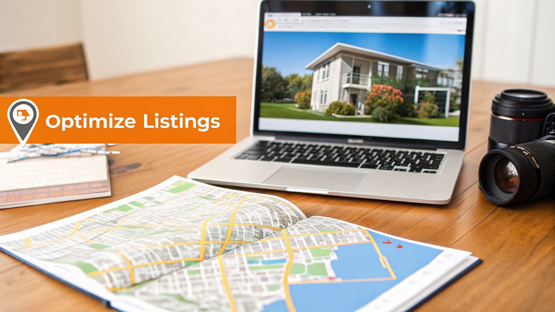 A laptop displaying a house listing, an open map, and a camera on a wooden desk, with 'Optimize Listings' banner.
