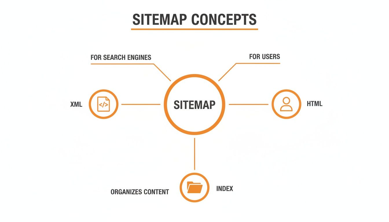 Sitemap concept diagram illustrating its purpose for search engines (XML), users (HTML), and organizing content (index).