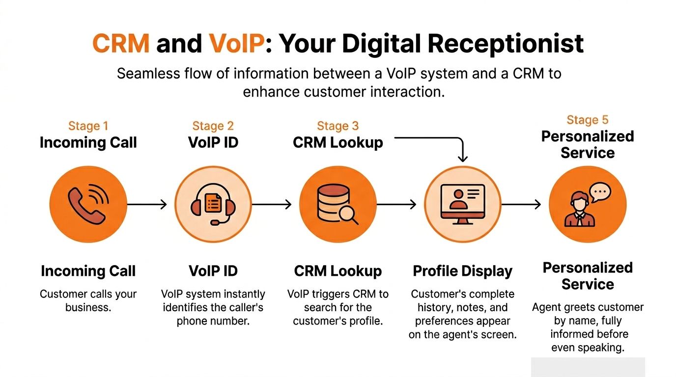 A diagram illustrating the five-stage process of integrating VoIP systems with CRM for personalized customer service.