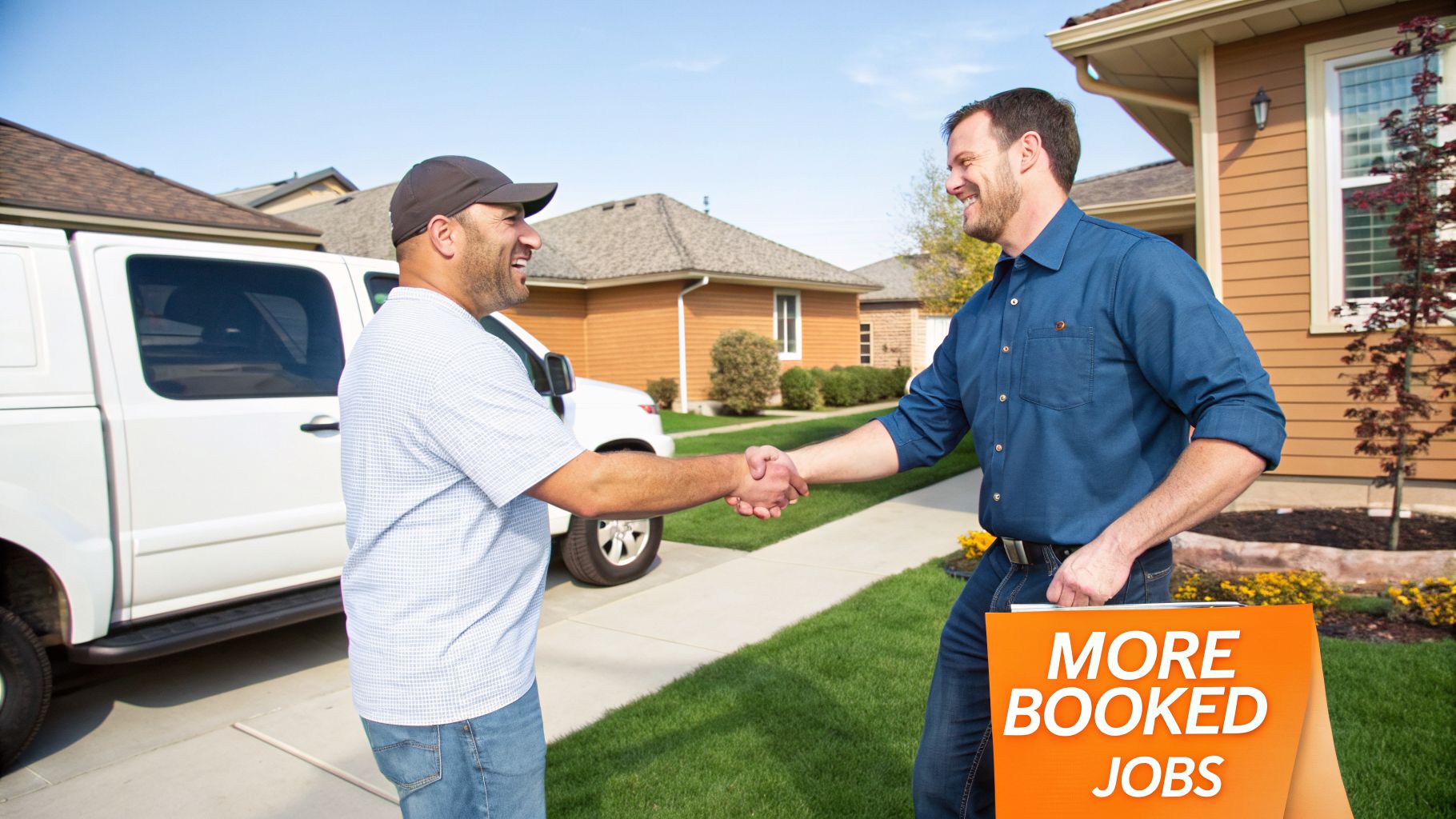 Two smiling professionals shaking hands in front of a house, with a sign promoting more booked jobs.