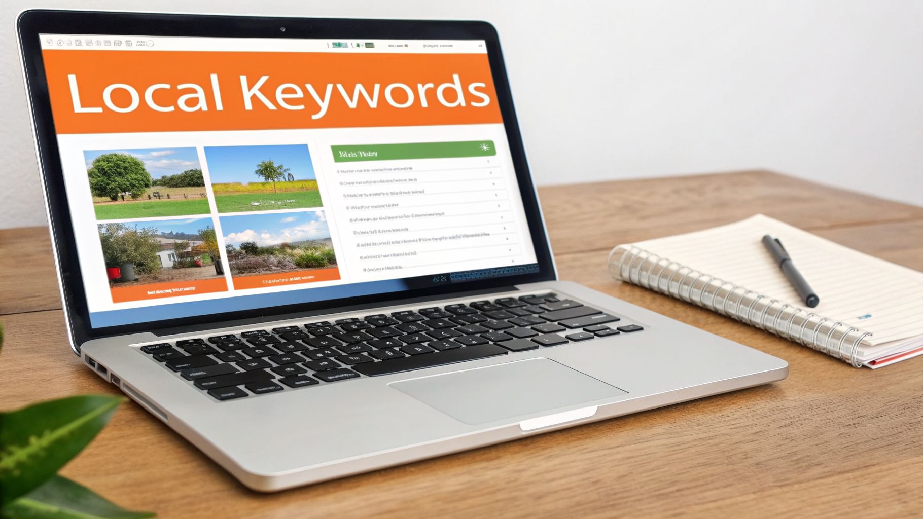 Laptop displaying 'Local Keywords' webpage with images and text, alongside a notebook and pen on a wooden desk.