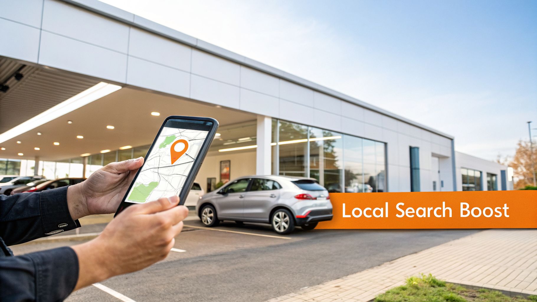 Person using smartphone with map app near a car dealership, promoting local search for car sales leads.