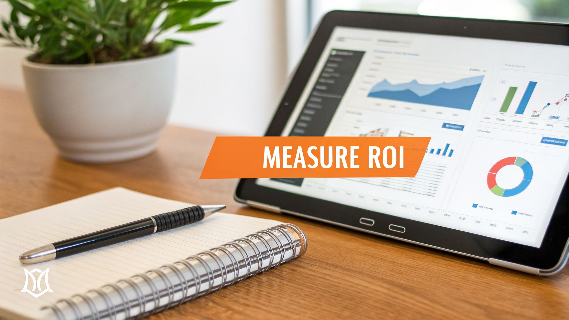 A tablet displaying business analytics charts, a notebook, pen, and plant with 'MEASURE ROI' overlay.