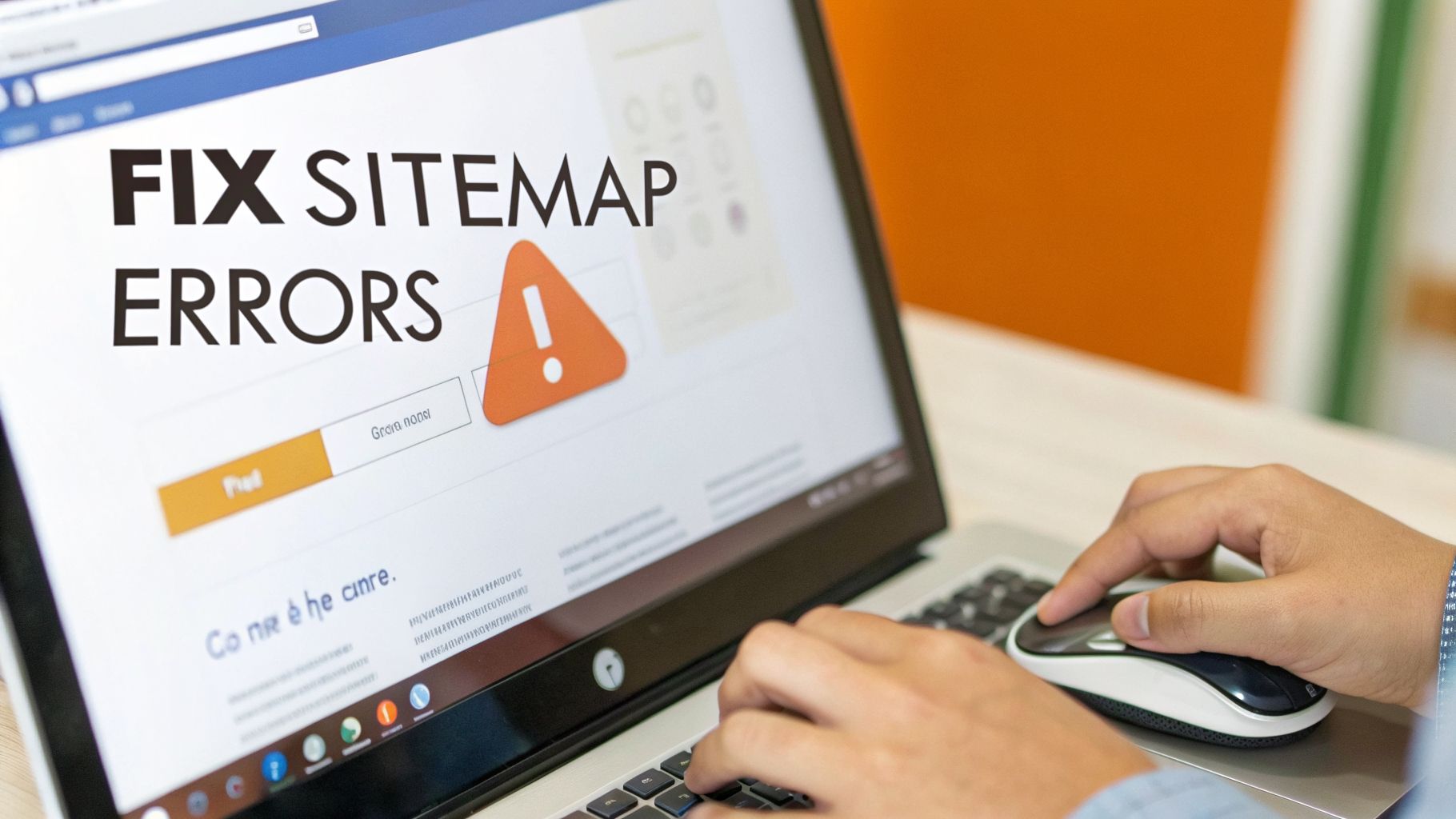A person's hands operating a laptop displaying 'FIX SITEMAP ERRORS' with a warning triangle.