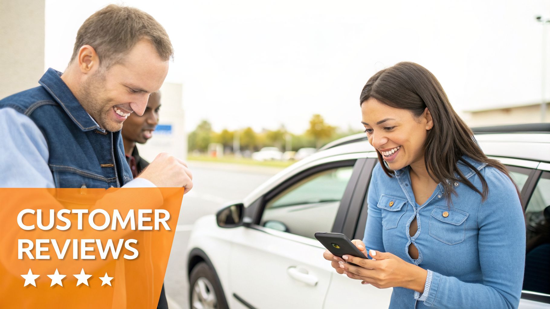 A smiling woman reviews customer feedback on her phone, with two men and a white car nearby.